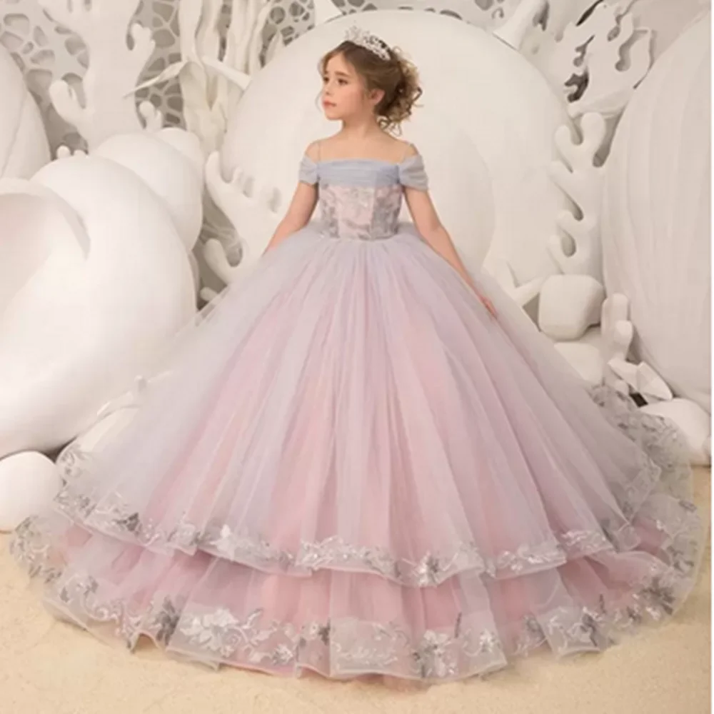 Lovely Off The Shoulder Flower Girl Dresses For Wedding Appliqued Ruffles Toddler Girls Pageant Dress Kids Formal Wear Prom