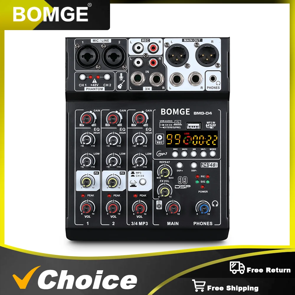 BOMGE D-4 Audio Mixer 4 Channel Mini Mixer with 99 DSP Rever