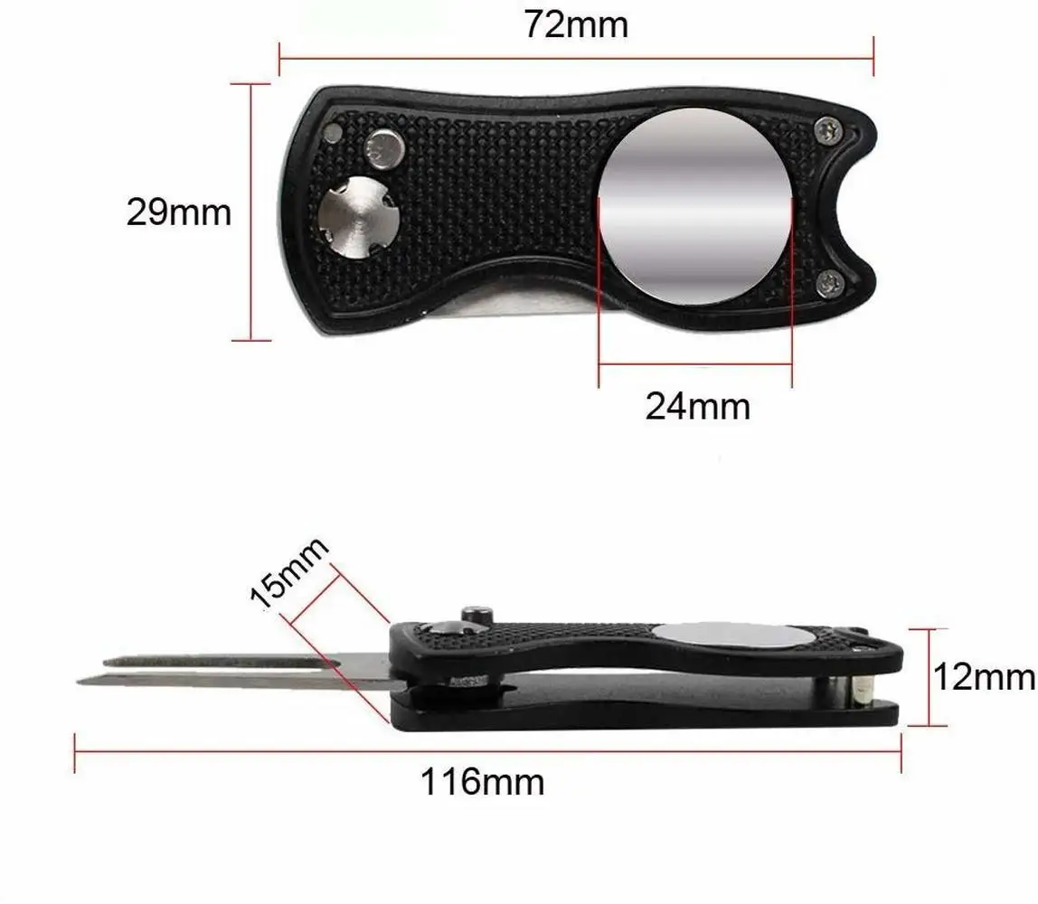 2 Pc Foldable Golf Divot Repair Tools with Magnetic Ball Marker Pop-up Button Stainless Steel Switchblade