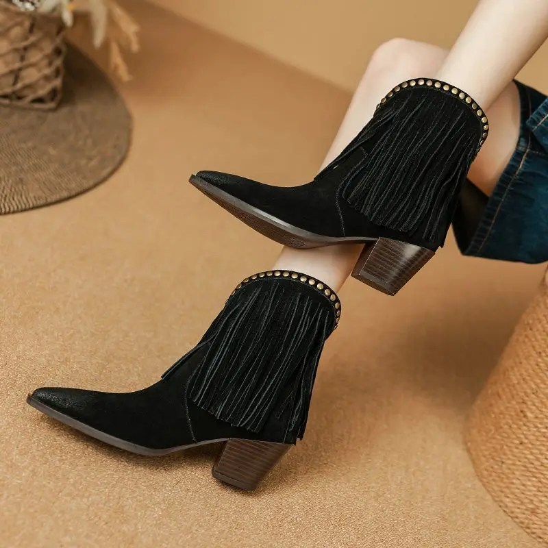 MORAZORA 2025 New Cow Suede Leather Cowboy Western Boots Women Pointed Toe Tassel Chunky High Heels Autumn Ankle Boots Female