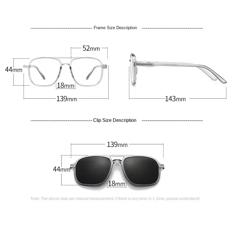 Transparent Grey Frame 6PCS Magnetic Polarized Clip On Sunglasses Plastic Frame For Night Driving Sunglasses UV400 2333A