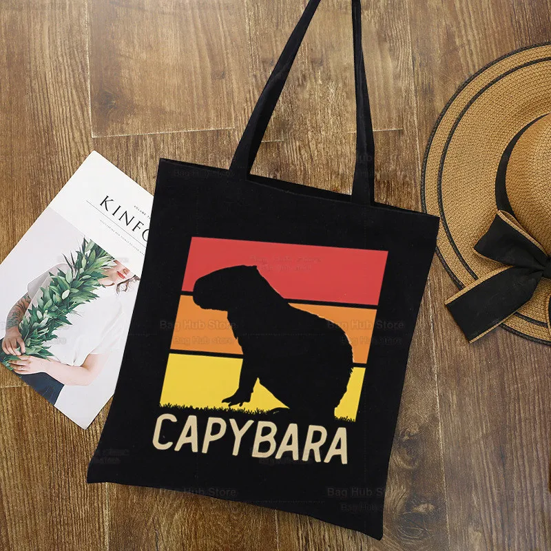 Capybara Funny Cartoon Black Design Shoulder Canvas Bags Harajuku Cute Animal Capybaras Handbag Capibara Women Bag Shopping Bag