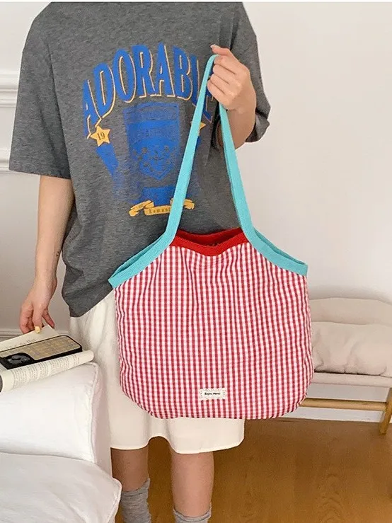 Ladies' Backpack with Grid Pattern Tote Bag, Artistic Girl, Korean Lazy Style, Early Morning Girl, Eight Sided Single Shoulder
