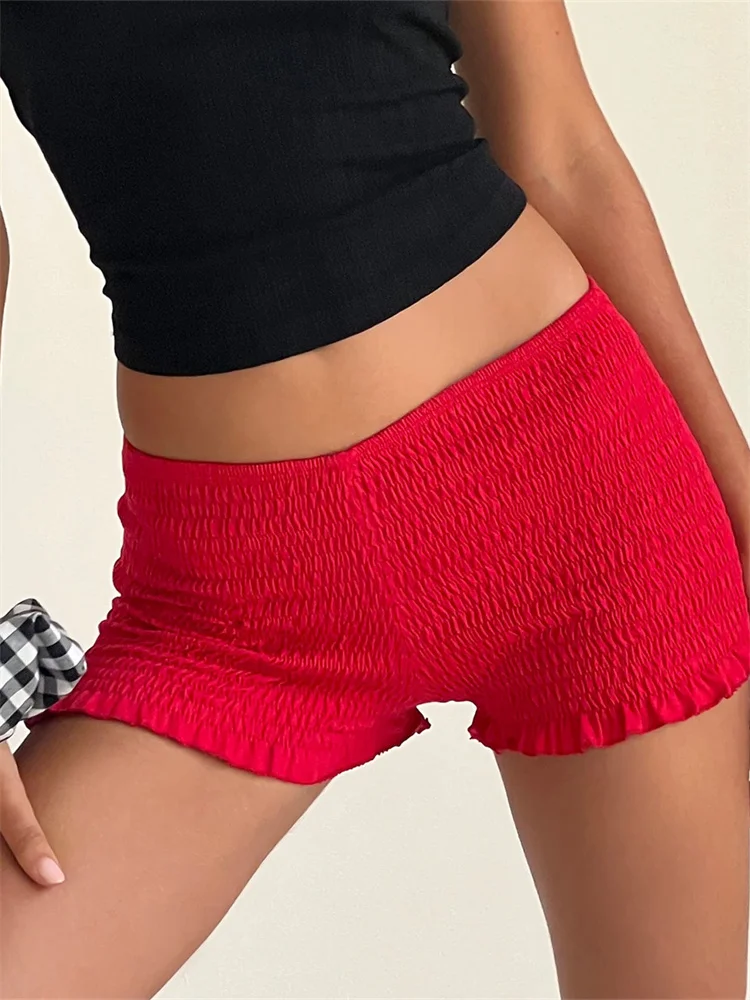 CHRONSTYLE Women Ruched Shorts Slim Fit Casual Elastic Waist Solid Color Ruffles Short Pants for Summer Party Clubwear 2024 New