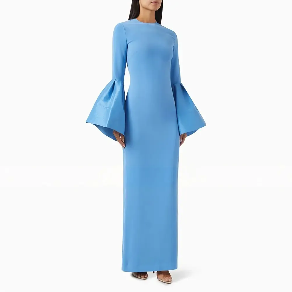 

Custom Made vestidos de O-neck Solid Sheath Sexy Ankle Length Evening Dress Back Slit Long Sleeve Back Slit Bridesmaid Gown