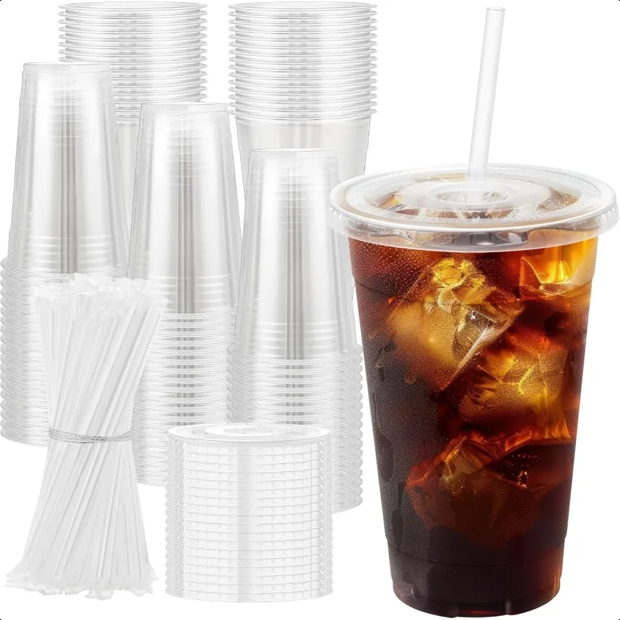 

100 Pack 20 oz Plastic Cups with Lids and Straws Sturdy Food Safe Iced Clear Coffee Cups Smoothie Cups for Cold Drinks