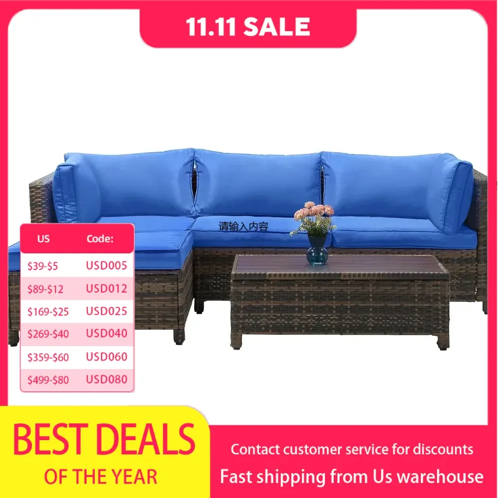 3 Piece PE Rattan Segmented Sofa Set with Metal Top Coffee Table, Hand Woven Wicker Outdoor Furniture Conversation Set