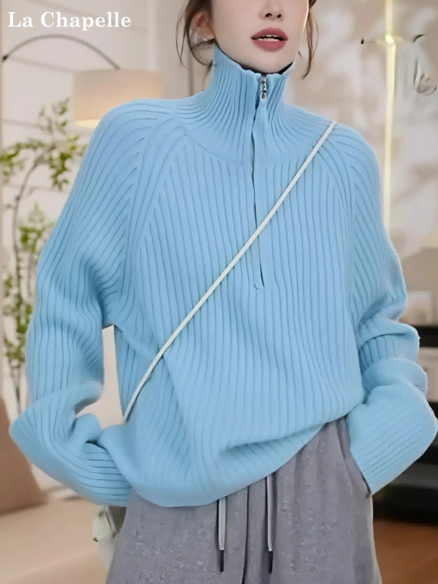 

Женский синий вязаный свитер La Chapelle на молнии, свободного кроя, весна-осень-зима, новинка, удобный, в корейском стиле, длинный