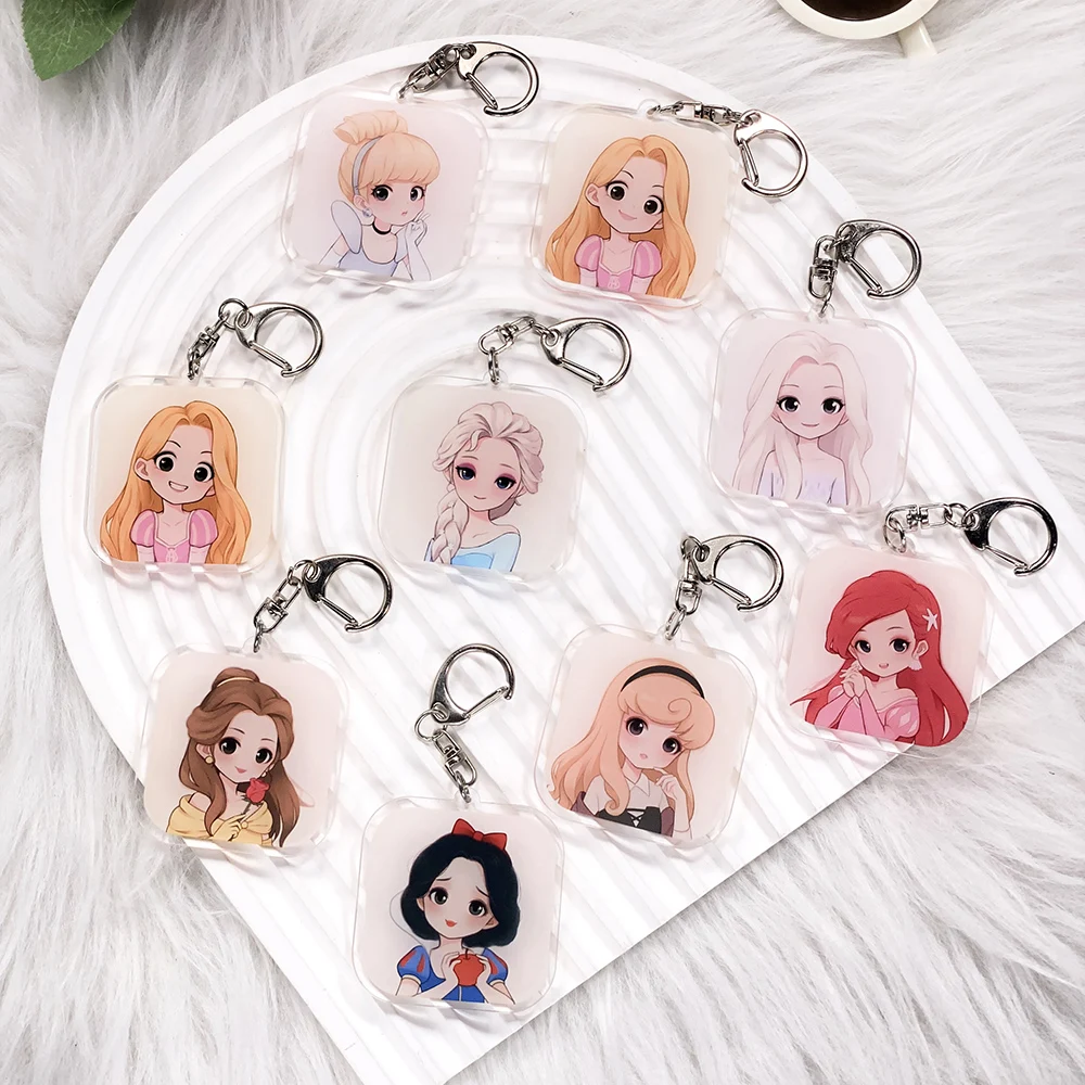 Llavero acrílico de Disney Princess Ariel Belle Elsa, accesorios para bolsos, mochilas, llavero, regalos para fanáticos y amigos, 9 Uds.