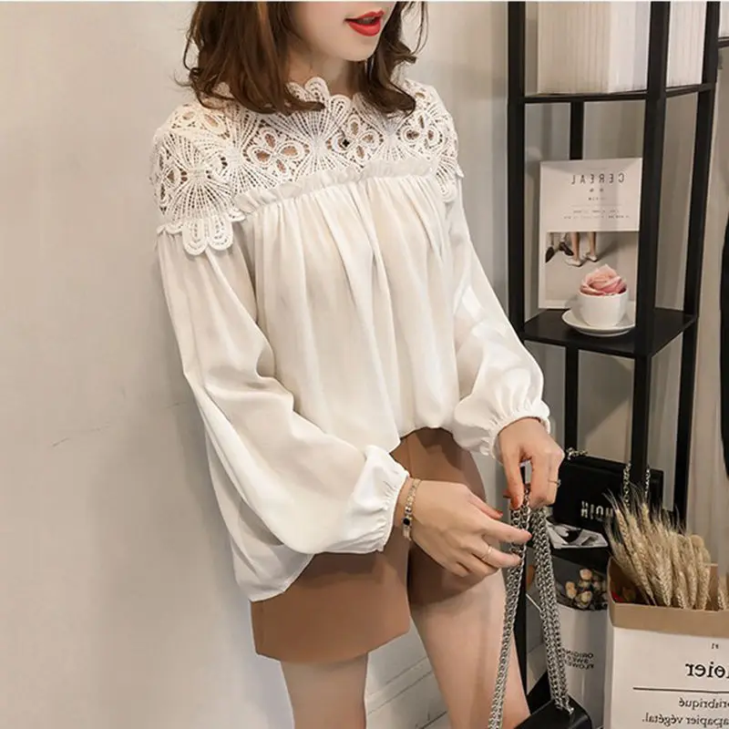 Women T Shirts Vintage Spring Hole Tees Autumn Lace Crochet Patchwork Sexy Tops Warm Blouse Top Casual Full Long Sleeve Shirt