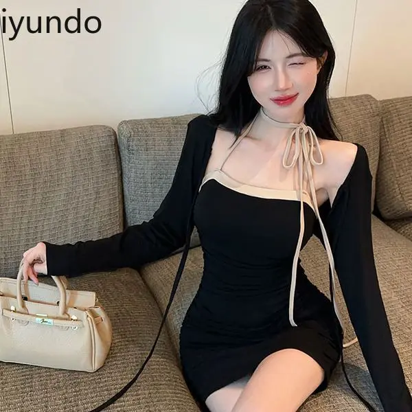 ชุดกระโปรงเซ็กซี่ LACE-up Halter คอสาวร้อนสะโพกห่อชุดแขนยาวป้องกันแสงแดดเสื้อผ้า vestidos