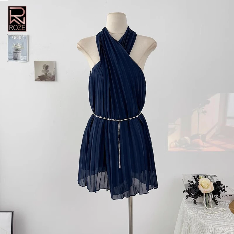 솔리드 패치워크 메탈 튜닉 시크 드레스 여성용 홀터 슬리브리스 미니멀리스트 시어 폴드 캐주얼 드레스 여성 패션 스타일