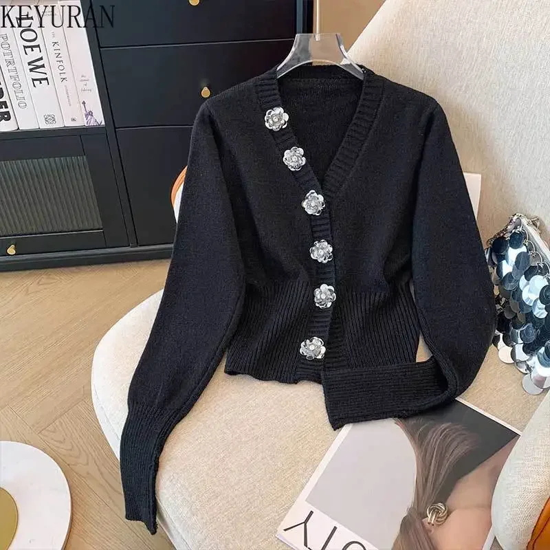 Black Flower Button Deisgn Knitted Cardigan Women\'s Sweater 2024 Autumn Winter New Vintage Chic V-neck Long Sleeve Knitwear Tops