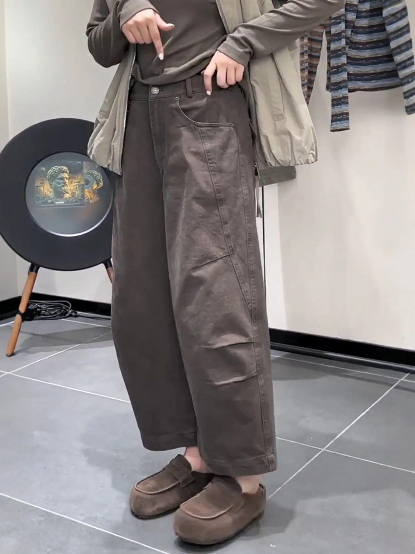 High Waist Wide Leg Jeans Women's Autumn New Style Casual Washed Denim Pants Elastic Waist Nine Points Knife  Commute