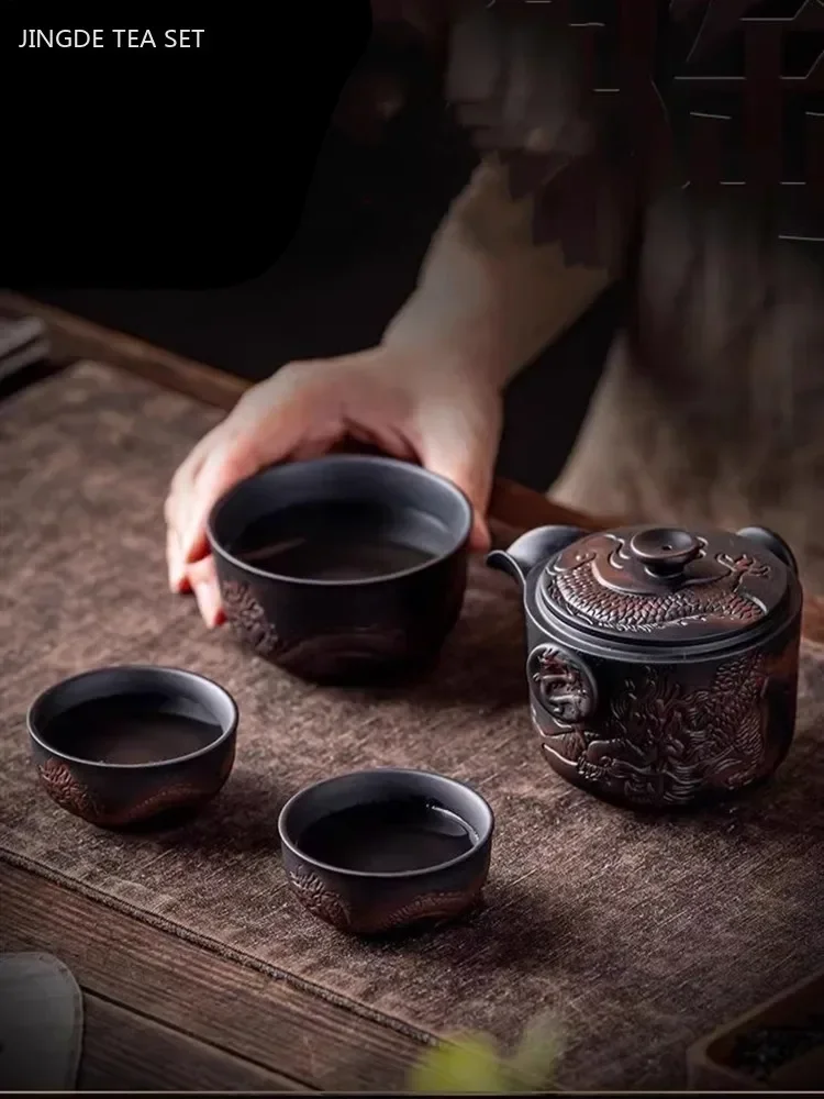 

Фиолетовый керамический набор чашек Dragon Gaiwan, портативный чайный сервиз, уличный дорожный чайник, ретро-набор чайников и чашек, изысканная чайная посуда