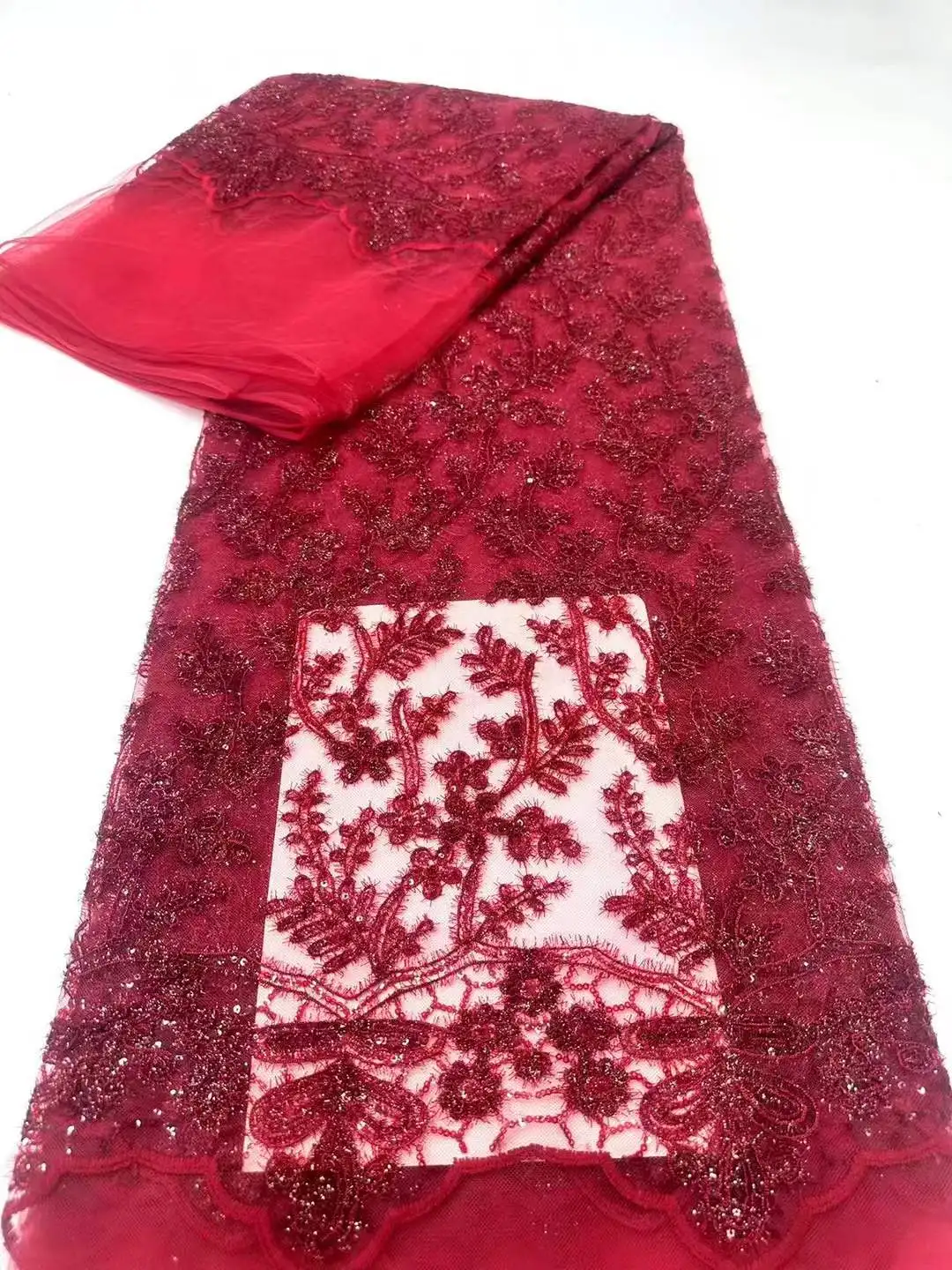 

Red 5 Yards 2026 African lace fabric French luxury sequin bead mesh lace fabric Nigerian women's evening dress