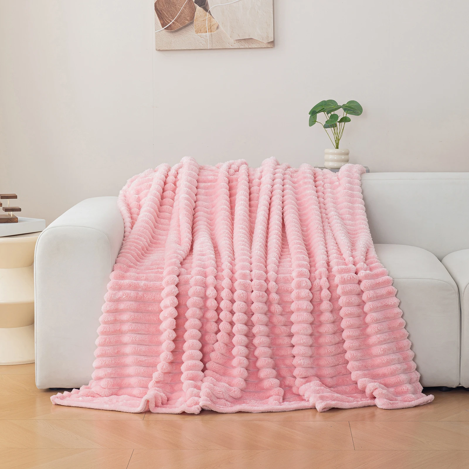 1 Stück gestreifte, einfarbige Flanelldecke, weiche und bequeme Überwurfdecke, geeignet für Sofas, Betten und Reisen, vielseitig einsetzbar – Detail 11