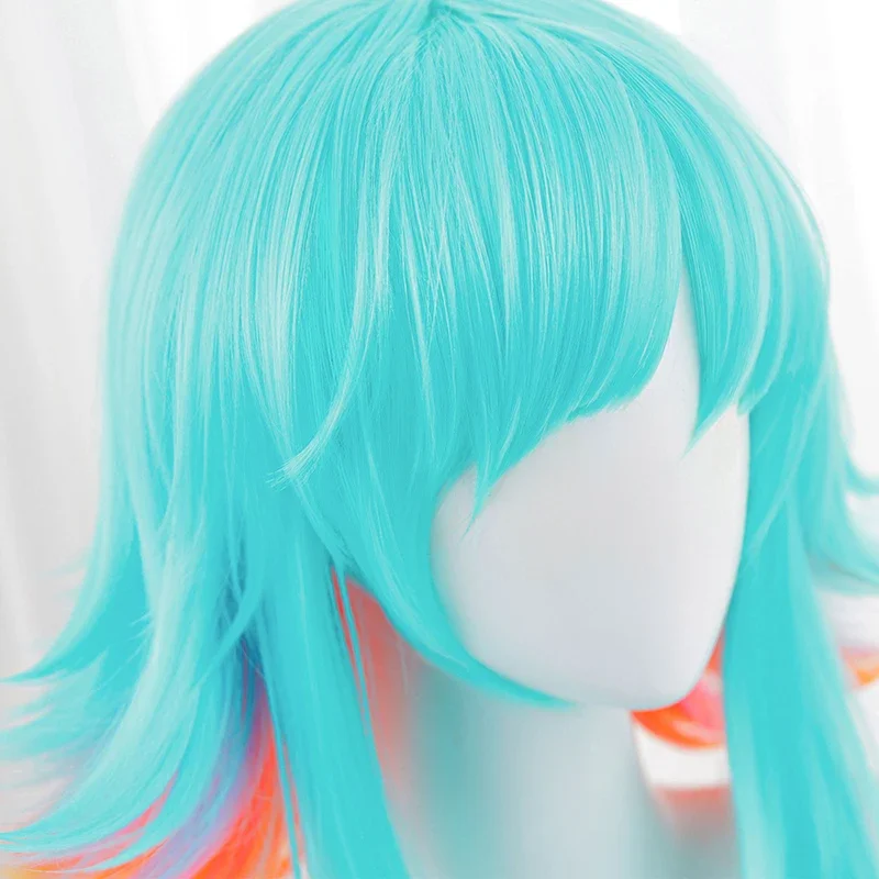 لعبة LOL سوبر فان Neeko شعر مستعار تأثيري للجنسين قصير أزرق برتقالي مختلط اللون مقاومة للحرارة الاصطناعية خصلات الشعر المستعار الملحقات