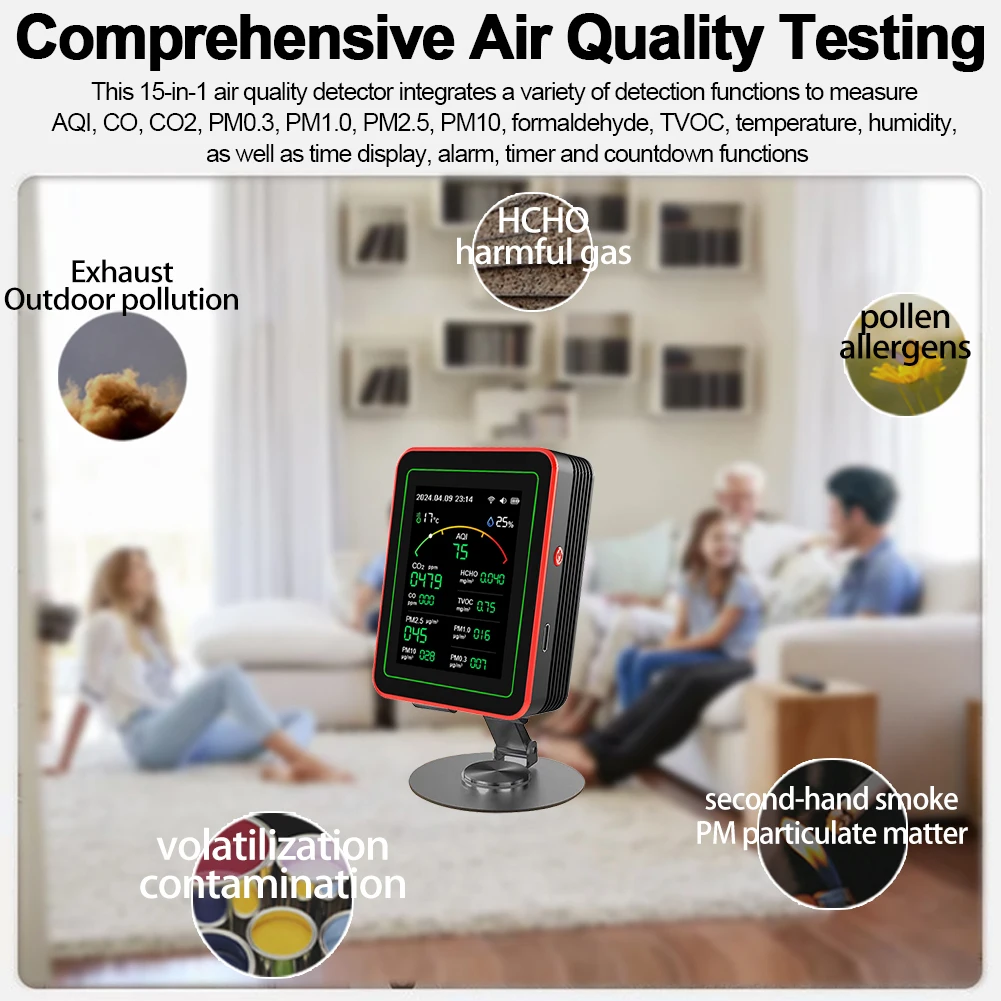 

15 в 1 монитор качества воздуха, измеритель температуры и влажности с настольной подставкой PM2.5 PM10 CO CO2 TVOC HCHO AQI тестер для домашнего офиса
