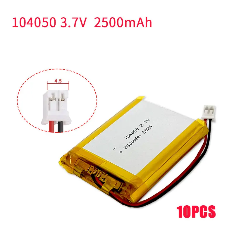 10 Pcs Battery Lipo 3.7V 104050 Li-Polymer Battery 3.7 Volt 2500mAh Li-po 2 Pin Plug for Smart Curtains Pos Disinfection Lamps