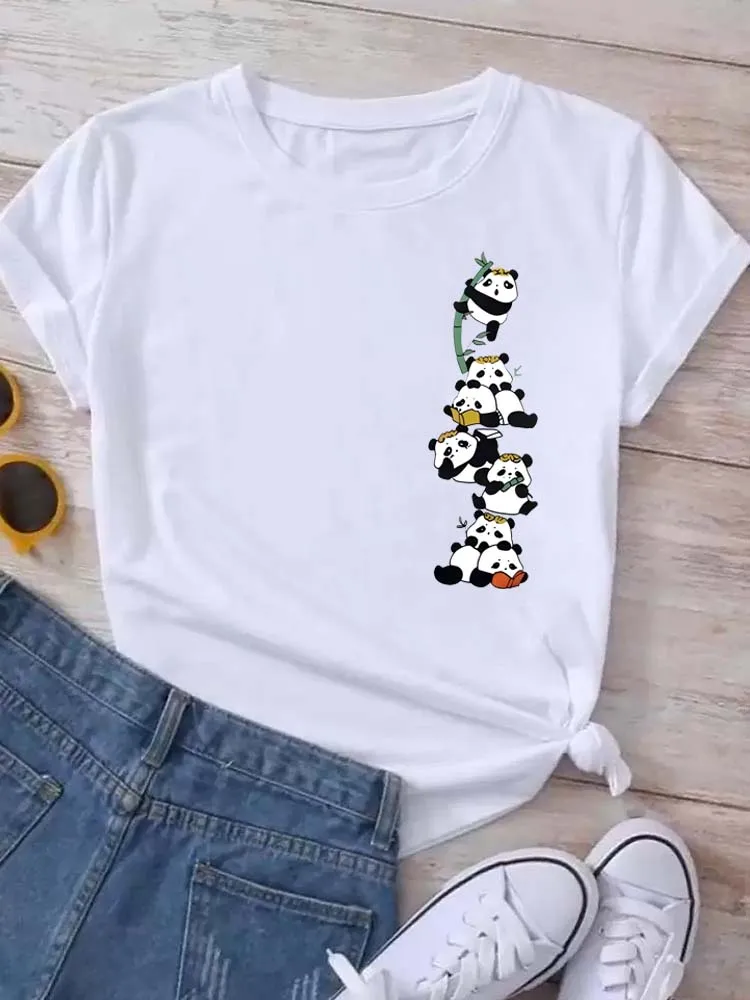 Cute Panda Print Women T-shirt Casual Short Sleeve Crew Neck Top for Summer & Spring Women's Clothing