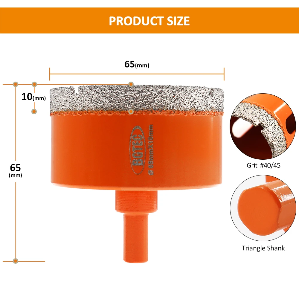 BGTEC 2pcs Diamond Drill Bits Dia65mm Vaccum Brazed Core Bits Triangle Shank Granite Masonry Crowns Hole Saw Tile Drilling