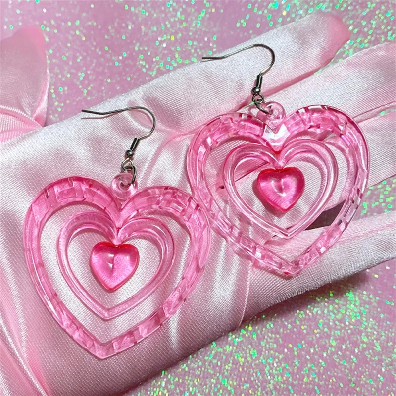 Y2k moda vintage rosa acrílico em forma de coração em camadas pendurado brincos feminino meninas verão doce festa jóias acessórios presente