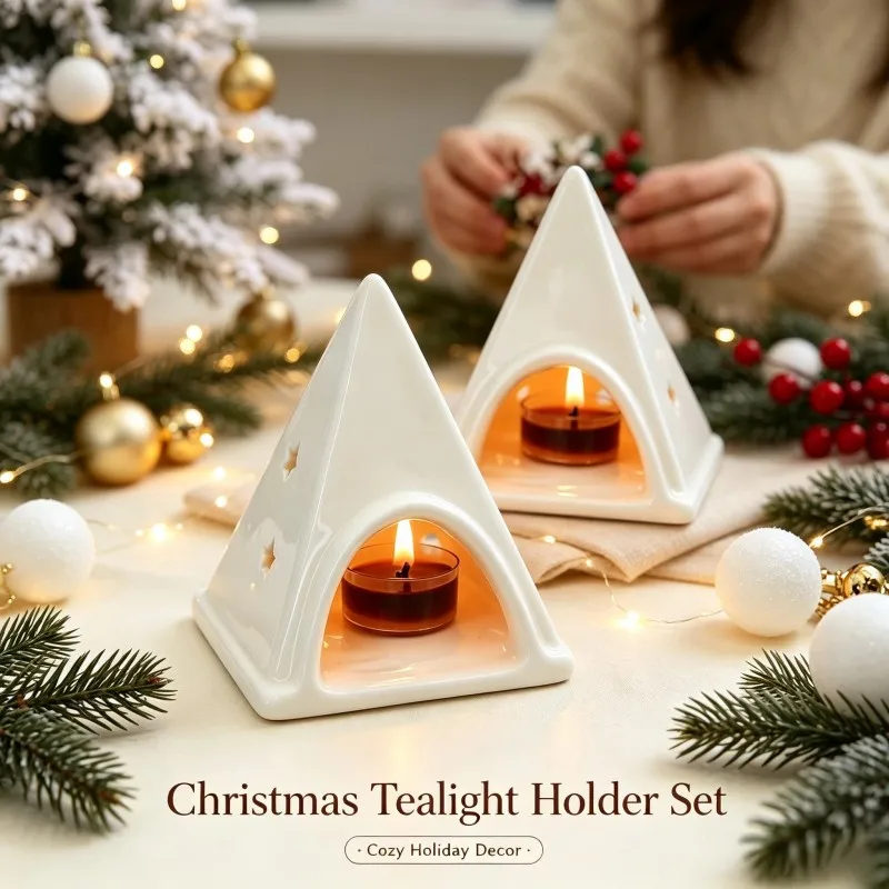 Christmas Pyramid Ceramic Tealight Holder Star Aroma Wax Warmer White Pyramid Candle Holder Tabletop Holiday Home Decor Gift