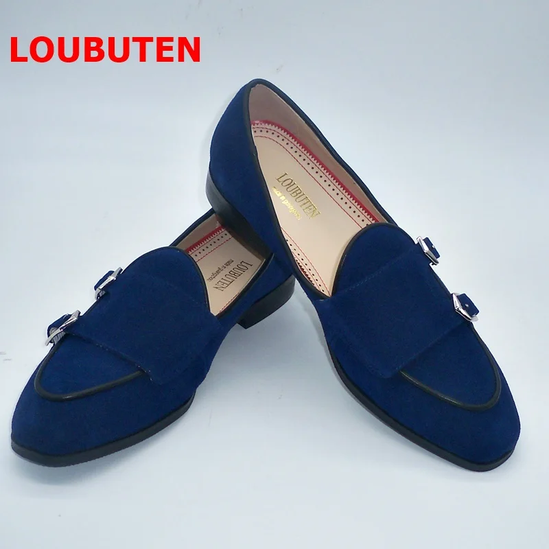 LOUBUTEN Navy Blue Monk Strap Shoes For Men British Style Handmade Suede Loafers Summer Dress Shoes Man Wedding Shoes