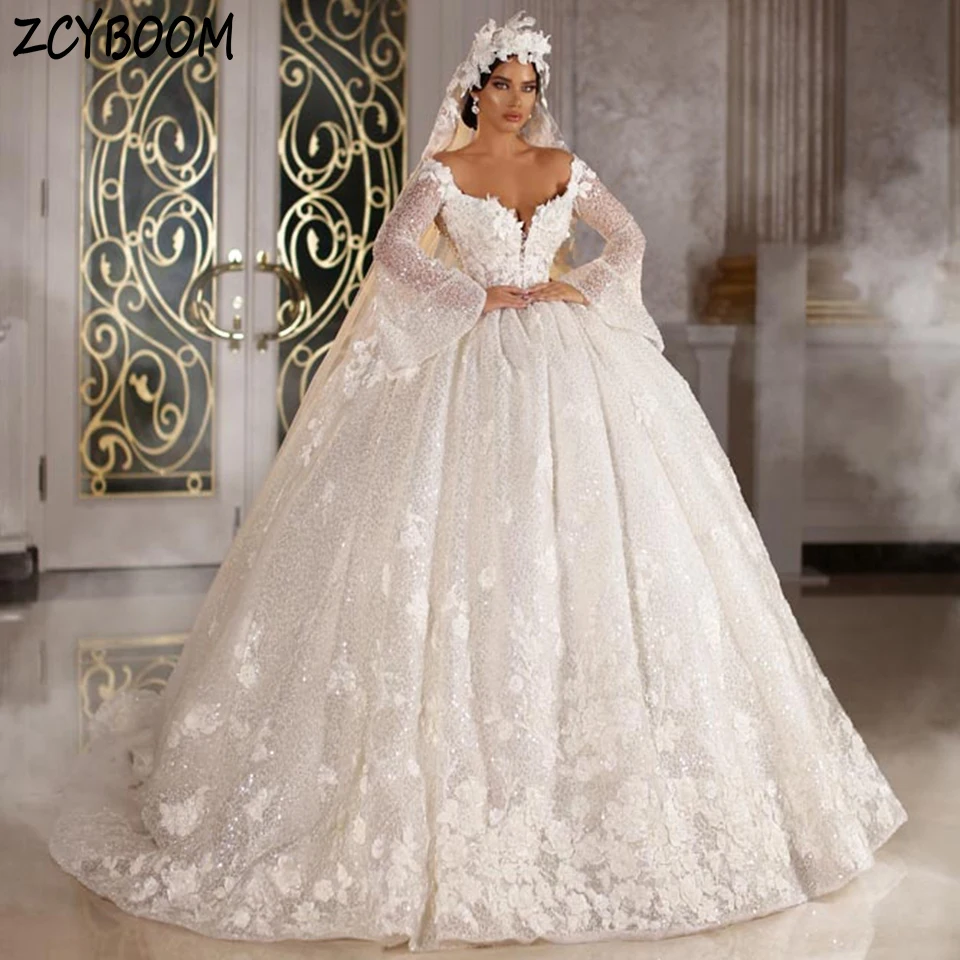 

Luxury V-Neck Sequin Flare Sleeves Appliques Whiite Wedding Dress 2024 Ball Gown Floor Length Sweep Train Lace Up Bridal Gown