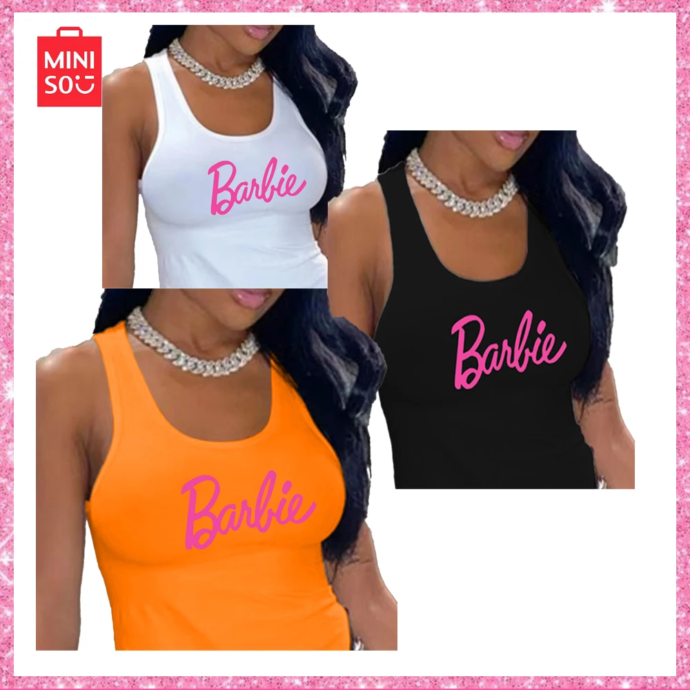 Miniso Barbie Europe and The United States Women Halter Sports Undershirt Top Tight Sexy Letters Printed Daily Casual Girls Gift