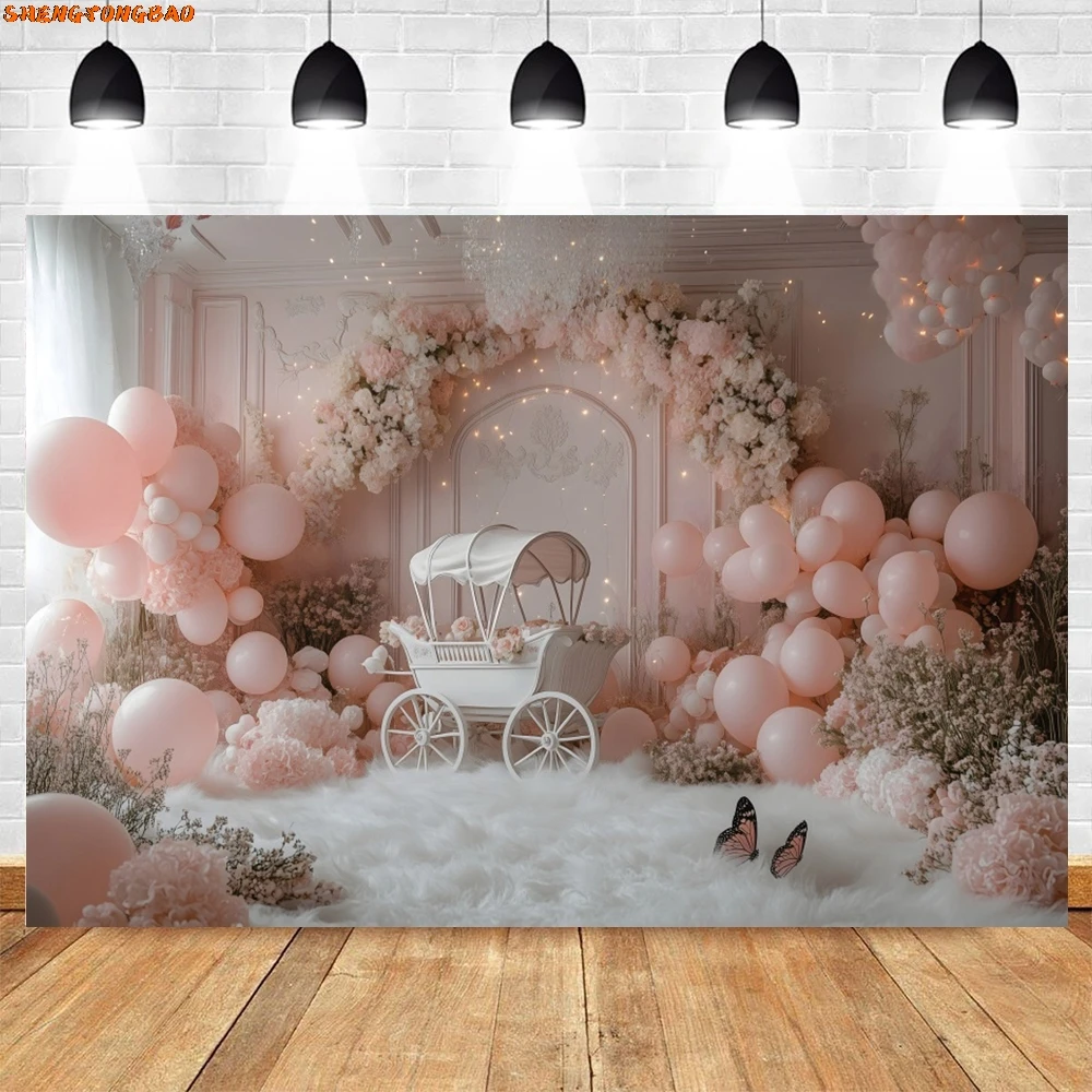 Arrière-Plan de Photographie pour ixPréChristophe, Ballon en Arc Rose, Poussette Papillon, Décorations de ixd'Anniversaire pour Nouveau-Né, Studio Photo