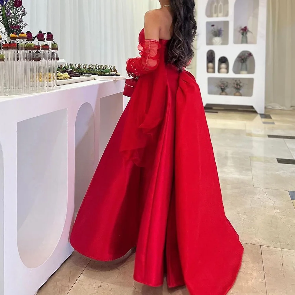 Satin Detachable Sleeve Strapless Floor Length A-Line Panel Train Evening Dress Temperament Solid Color Saudi Arabia 2024