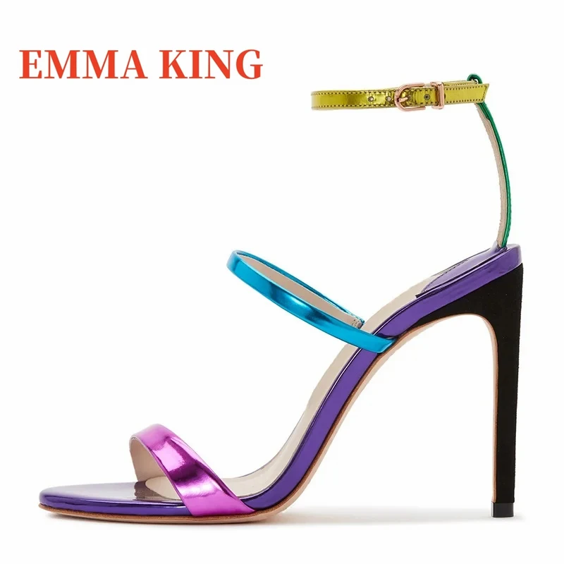 صنادل نسائية متعددة الألوان من الجلد المعدني بكعب ستيليتو مفتوحة من الأمام بحزام الكاحل أحذية رسمية لحفلات الزفاف مقاس 35-44