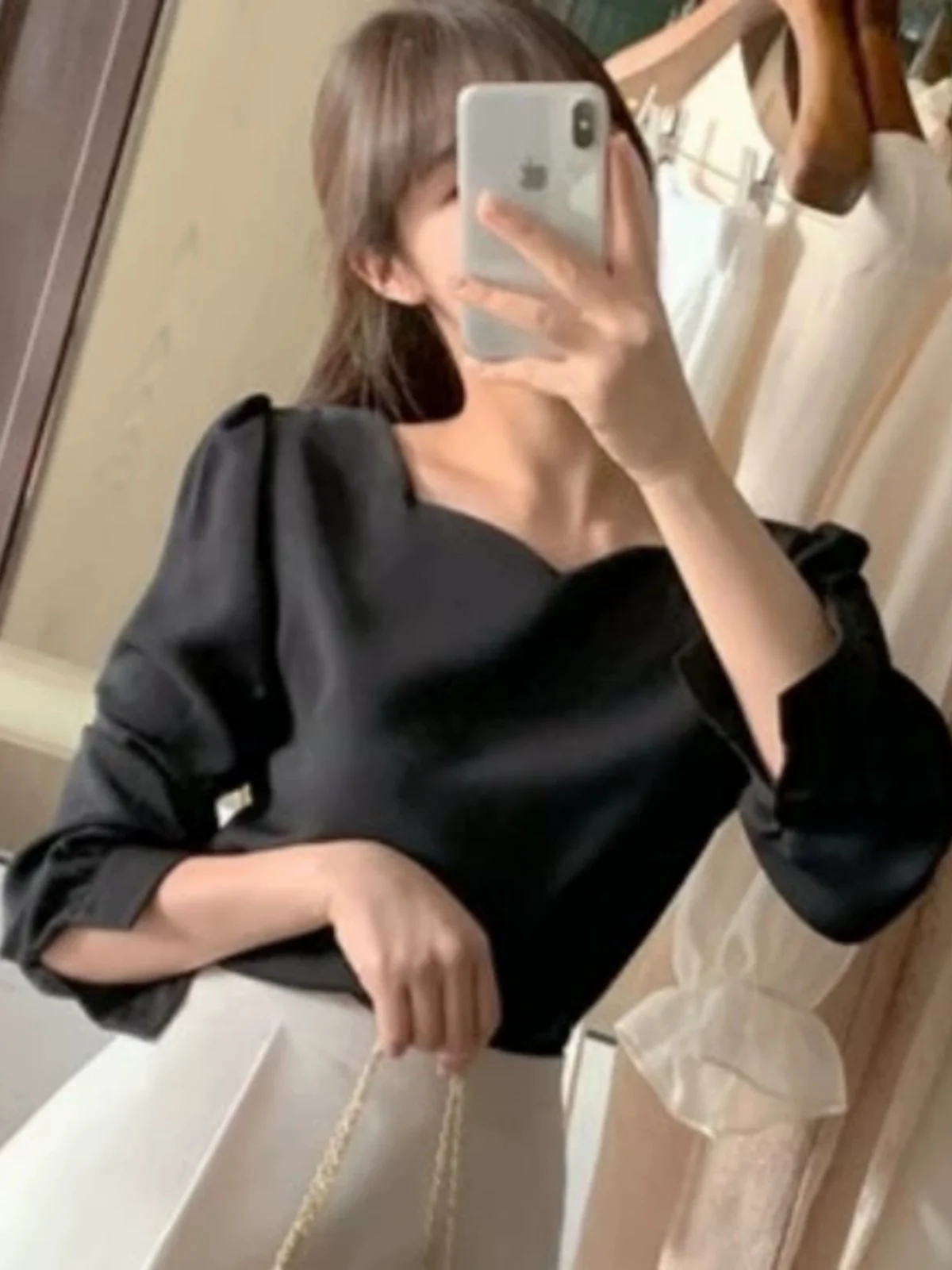 Chic Square Collar Bubble Sve Overhead irt Women's Early Spring New Tea Break Pure Color Versatile Long Sve Top