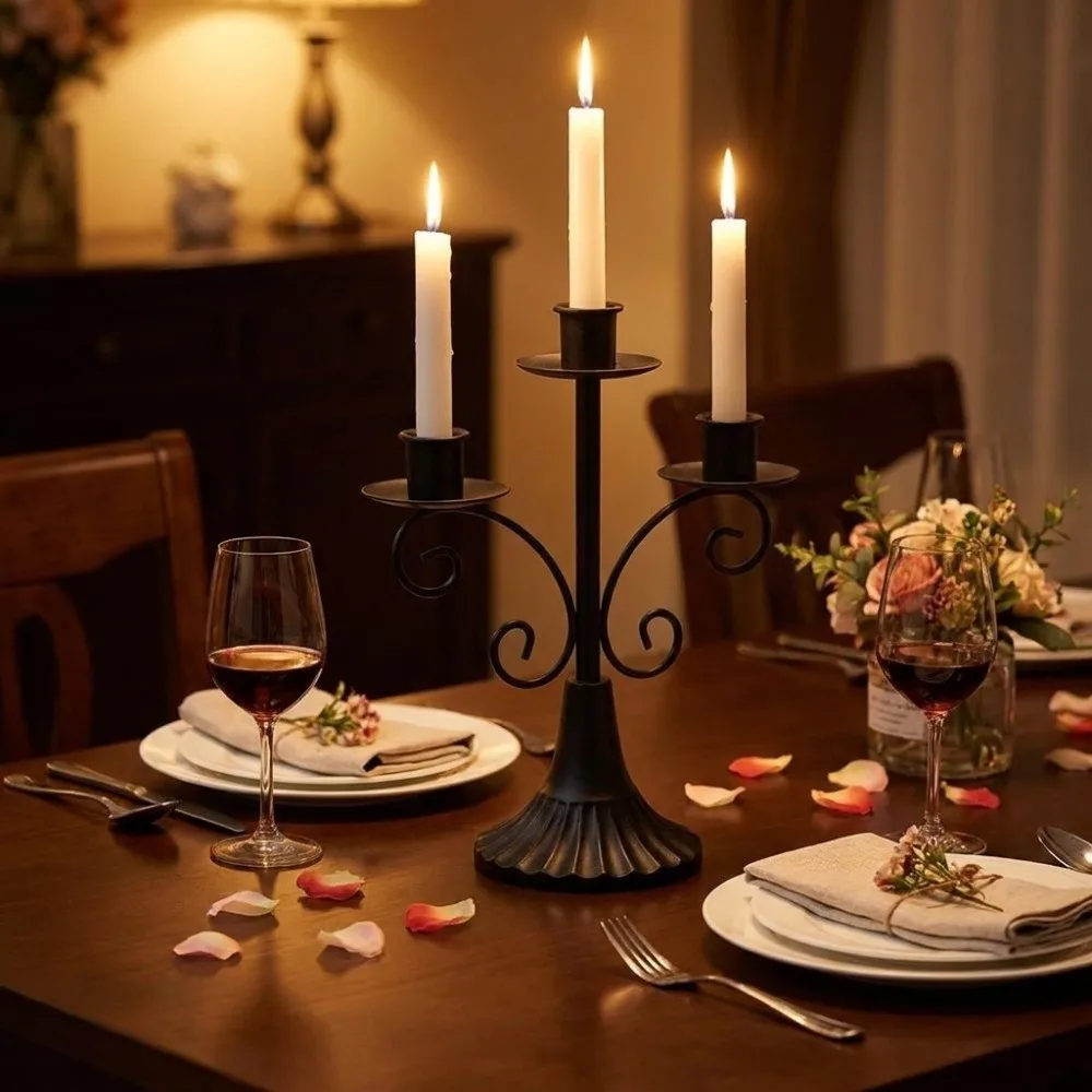 Creative Iron Three Headed Candlestick Holders Vintage European Style Rolled Flower Candelabra Stable Base Candlestick Banquet