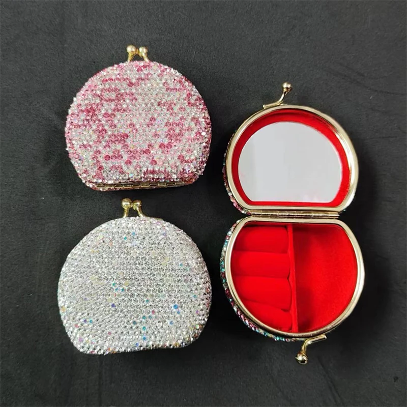 Jewelry Box for Wedding Ring Case Rhinestones with Mirror Travel Portable Jewelry Organizer Earring and Necklace Display Gift