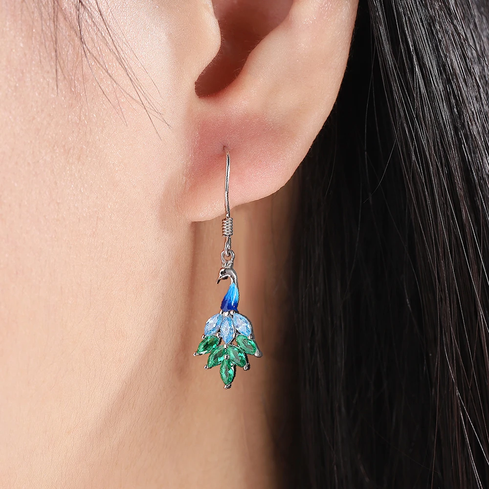 925 Sterling Silver Cute Animal Peacock Feather Dangle Earrings With Zircon Mother's day Jewelry Birthday Gifts for Women Mom