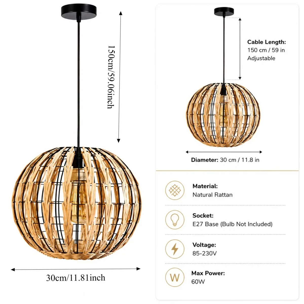 Boho 30CM Natural Bamboo Wicker Chandelier Hand Woven Rattan E27 Handcrafted Artisan Pendant Light Fixture for Dining Room