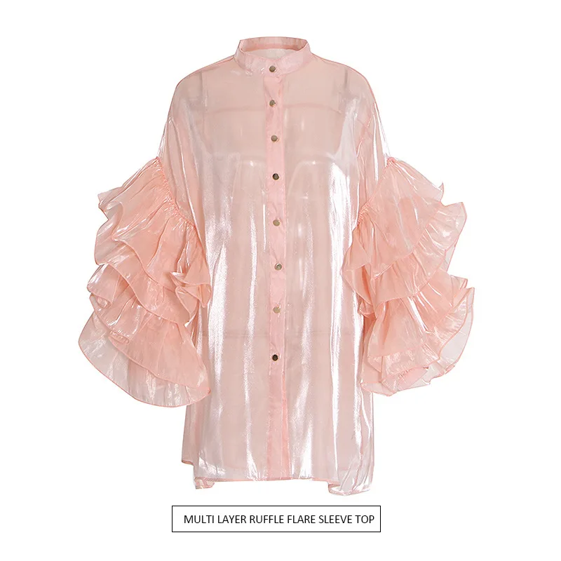 

Повседневная женская блузка с двумя слоями кружевной отделки, свободного кроя, с длинными рукавами, из полиэфирного волокна, с воротником-стойкой, стандартной длины.