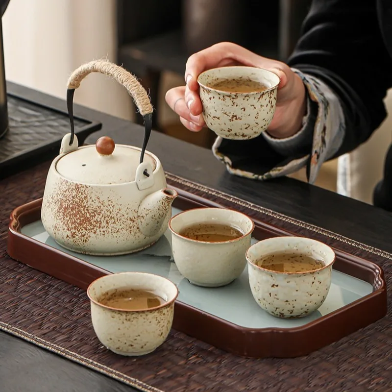 Japan Flint Red Ceramic Tea Set Creative Artificial Distressing Retro Teapot with Handle Ceramic Teacup Afternoon Tea Coffee Set