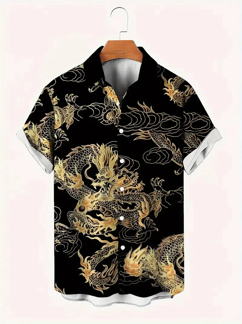 Retro Dragon and Tiger Pattern Men's Short Sleeve Button Summer Leisure Business Trend Street Outdoor Party Vacation Men's High