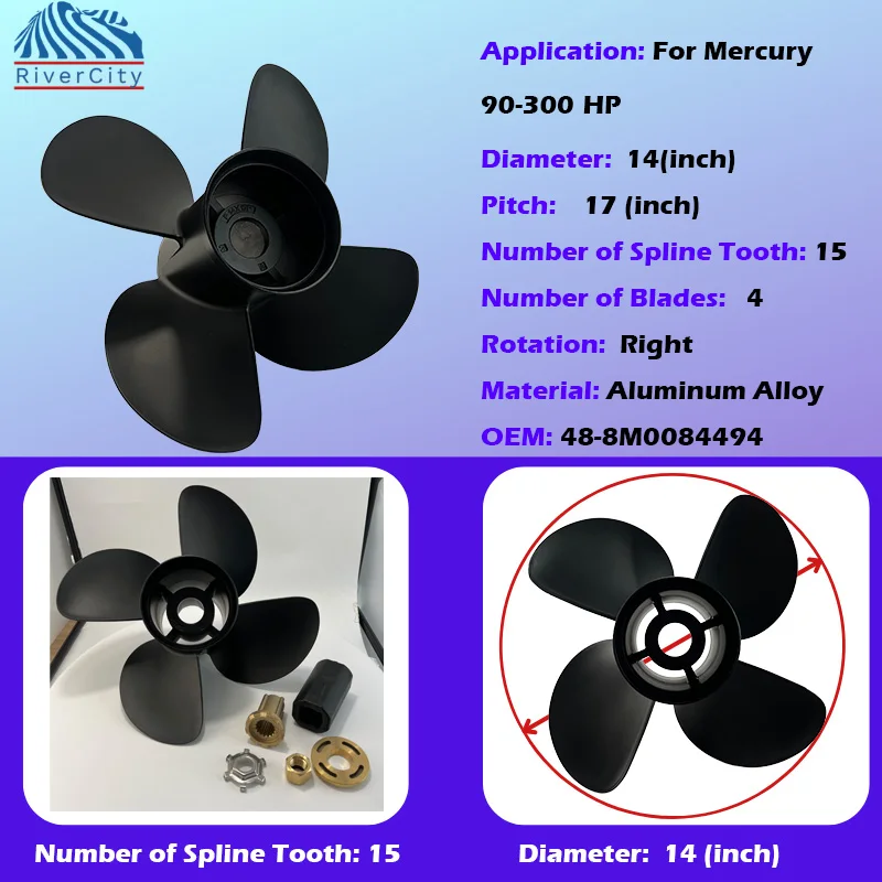 Outboard Screw Boat 14x17 For Mercury 120hp-300hp 90hp 100hp 110hp 175hp 220hp 250hpMotor Aluminum  Propeller 4 Blade 15 Spline