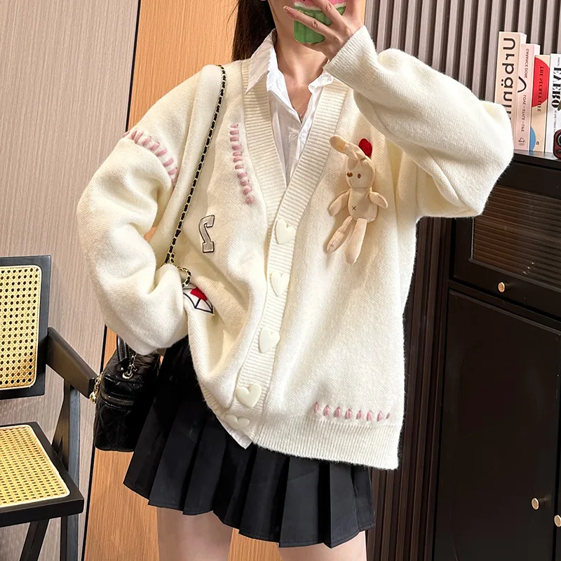 Neploe Autumn Elegant V Neck Long Sleeve Pull Femme Minority Lovely Sweet Rabbit Loose Cardigan Women Knit Simple Lazy Sweaters