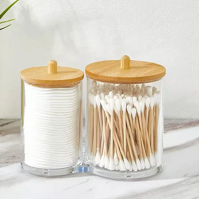 Furniture Makeup Organizer Cosmetic Box Bamboo Lids Clear Plastic Bathroom Storage Jars Cotton Swab Holder Dispenser Containers