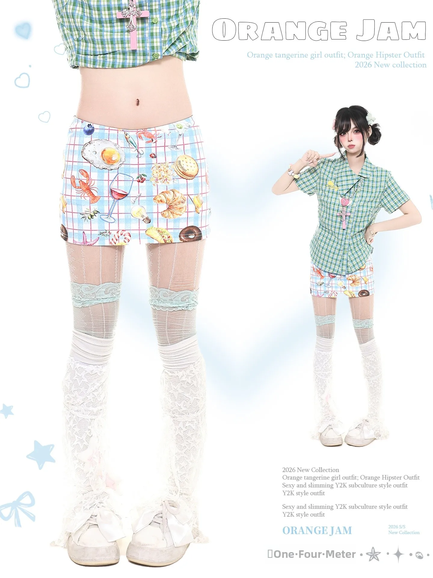 Retro Orange Juice Cartoon Checkered  Skirt Women's Summer Dopaamine A-Line Half-length Skirt High Waist Travel Casual
