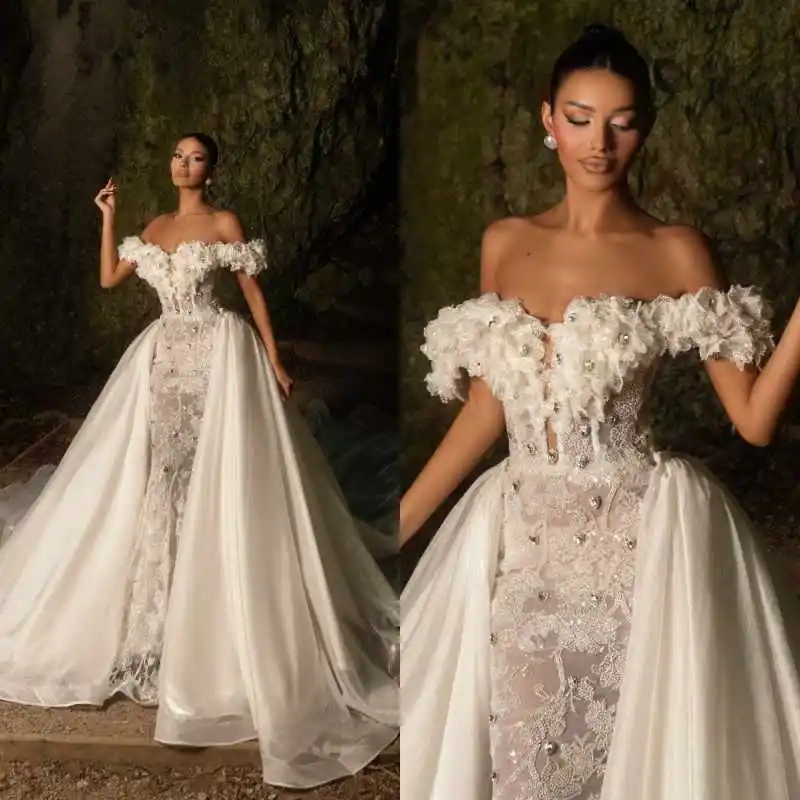 

Элегантное свадебное платье русалки с открытыми плечами, расшитое бисером и кристаллами, платья невесты, изысканные свадебные платья со съемным шлейфом по индивидуальному заказу