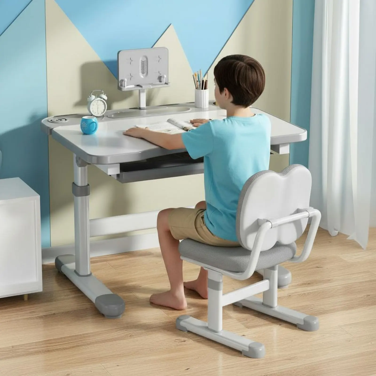 Adjustable Kids Desk and Chair Set Rounded Edges Adjustable Children's Study Desk Ergonomic Children Study Table for Bedroom