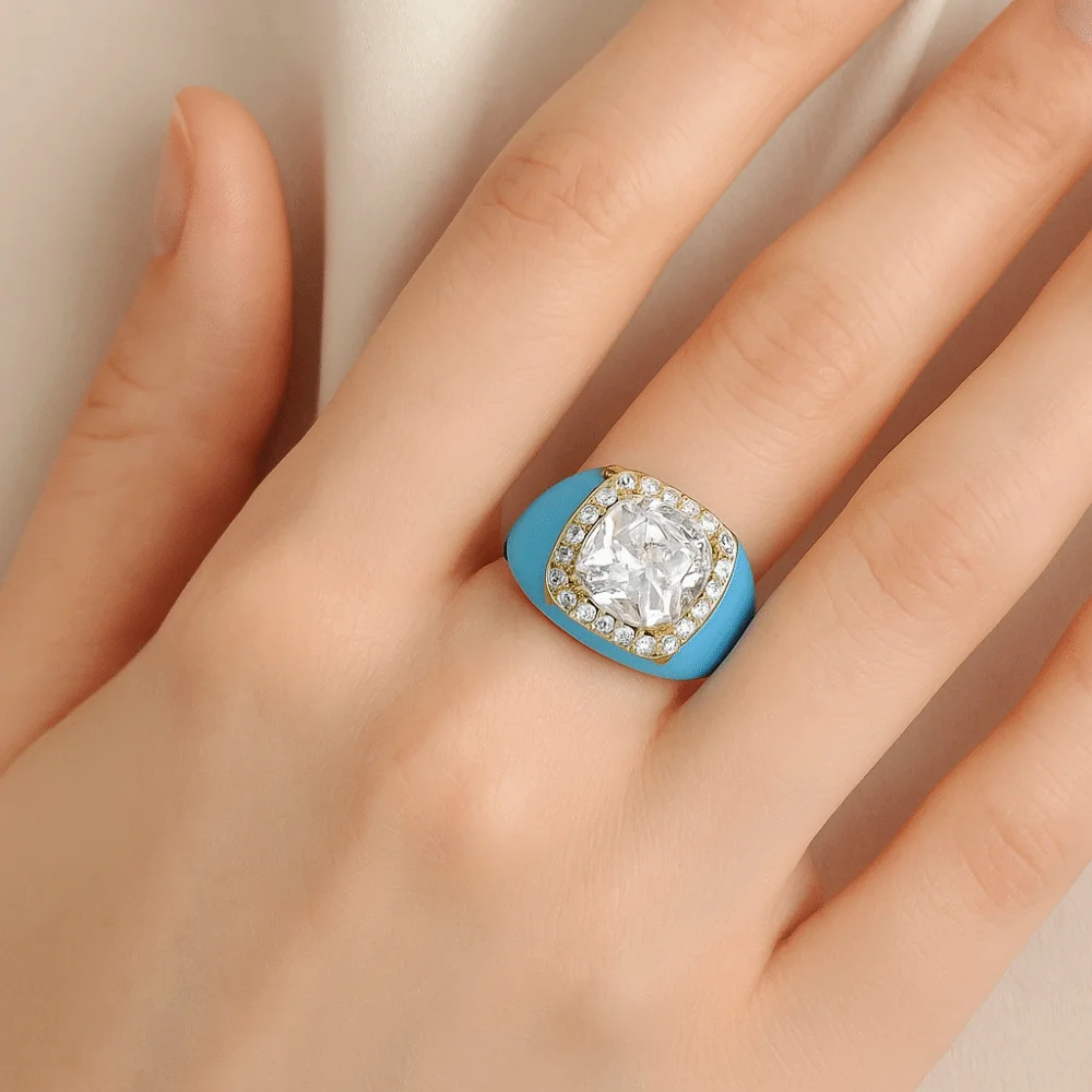 قابل للتعديل المينا نازف النفط الدائري مطلية بالذهب حجر الراين الزركون حلقة مفتوحة متعدد الألوان الملونة هندسية مربع حلقة ملابس الحفلات #3