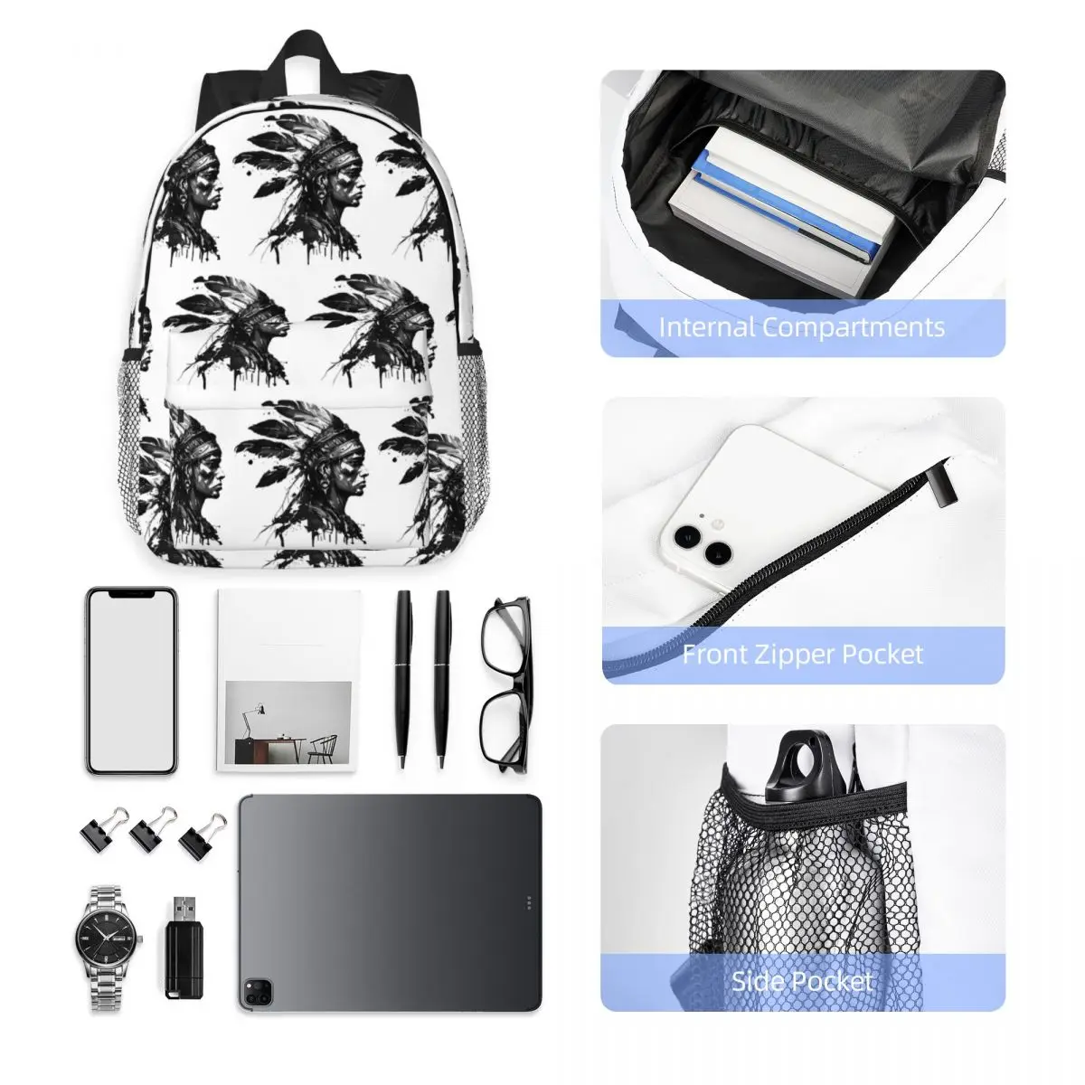 Drawn Style Aztec Warrior Backpack Hot Sale Daypack Large Capacity Boys Girls BookBag Shoulder Bags for Men Women School Bag